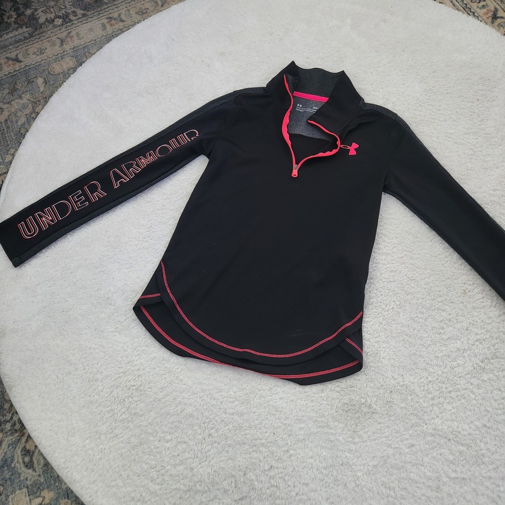 Under Armour Girls HeatGear Quarter Zip‎ Pullover Black Pink Logo Youth Large